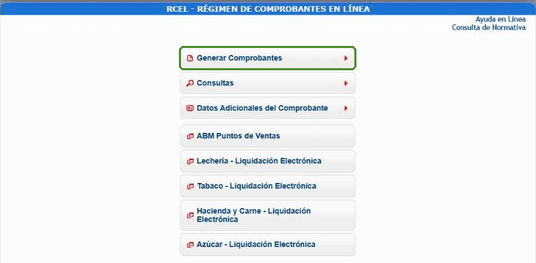 Menú de Comprobantes en línea con la opción Generar Comprobantes resaltada