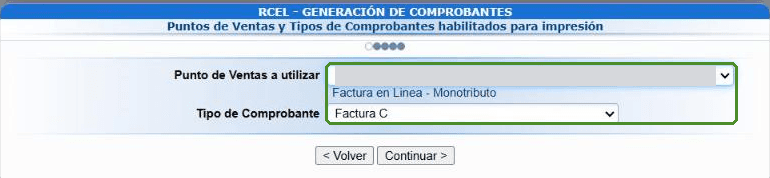 Pantalla para elegir el punto de venta y el tipo de comprobante, con Factura C elegida