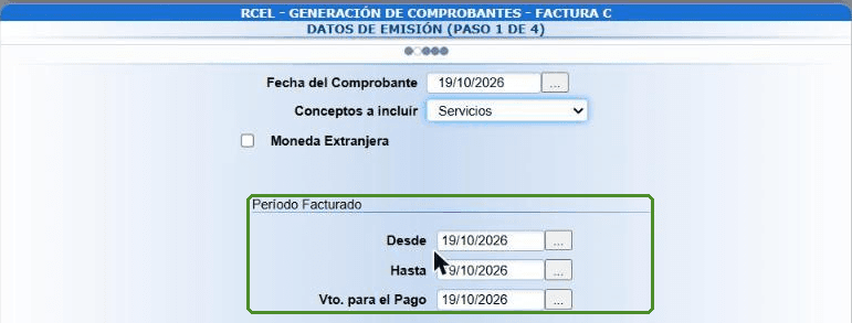Datos de emisión con el concepto Servicios y los campos de período facturado y vencimiento del pago