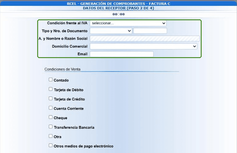 Datos del receptor: condición frente al IVA, documento, nombre, domicilio y condiciones de venta