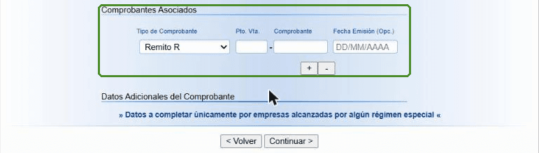 Sección Comprobantes Asociados con tipo, punto de venta, número y fecha del comprobante