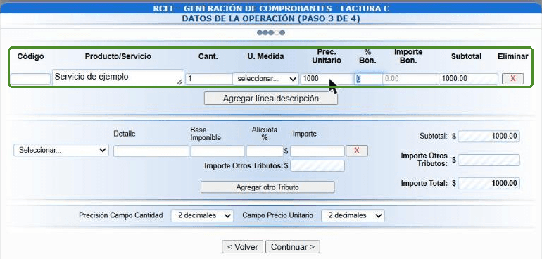 Datos de la operación con un renglón de ejemplo y el total calculado