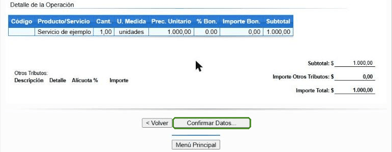 Final del resumen de datos con el botón Confirmar Datos resaltado