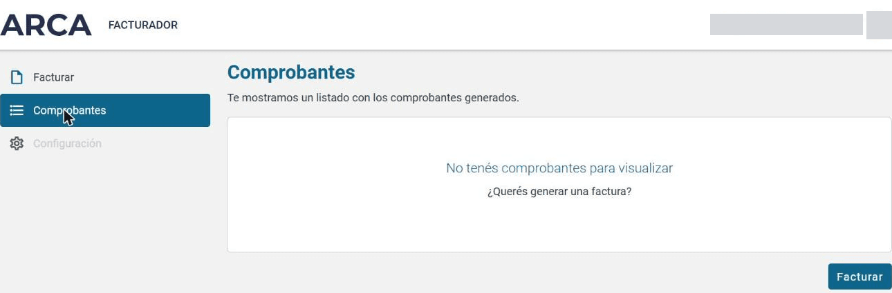 Facturador con el menú Facturar, Comprobantes y Configuración y el listado de comprobantes