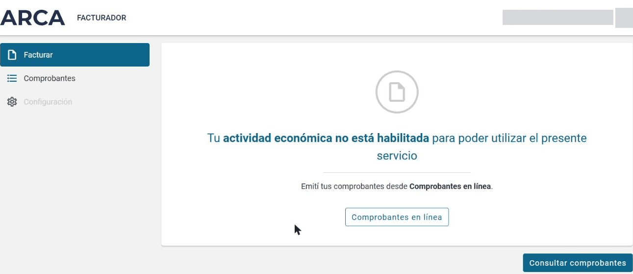 Aviso del Facturador: tu actividad económica no está habilitada, con el botón Comprobantes en línea