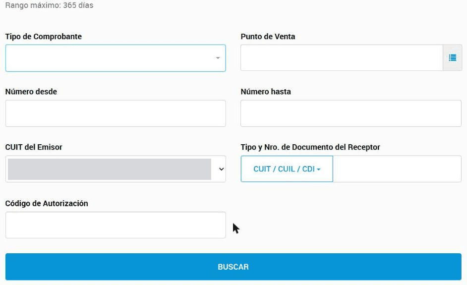 Filtros de la consulta de comprobantes emitidos y el botón Buscar