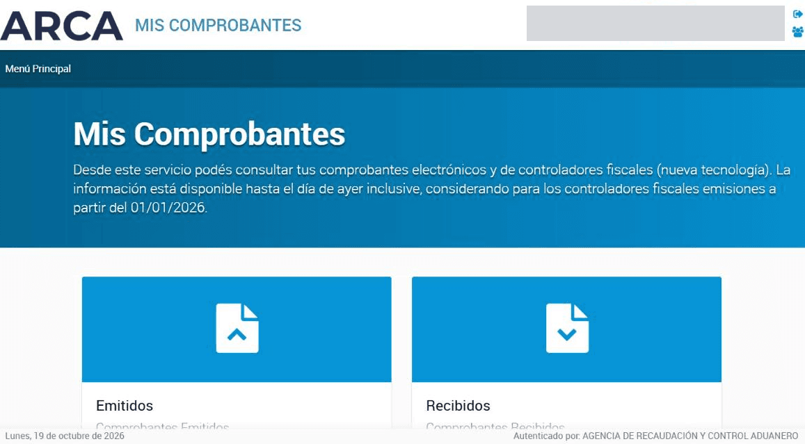 Inicio de Mis Comprobantes con las opciones Emitidos y Recibidos