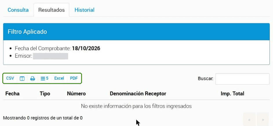 Resultados de la consulta con los botones para bajar en CSV, Excel o PDF resaltados