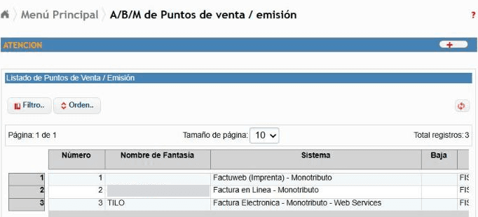 Listado de puntos de venta con el número, el nombre de fantasía y el sistema de cada uno