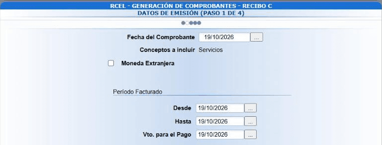 Datos de emisión del Recibo C con fecha, período facturado y vencimiento del pago