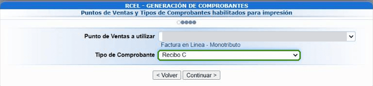 Elección del tipo de comprobante con Recibo C resaltado